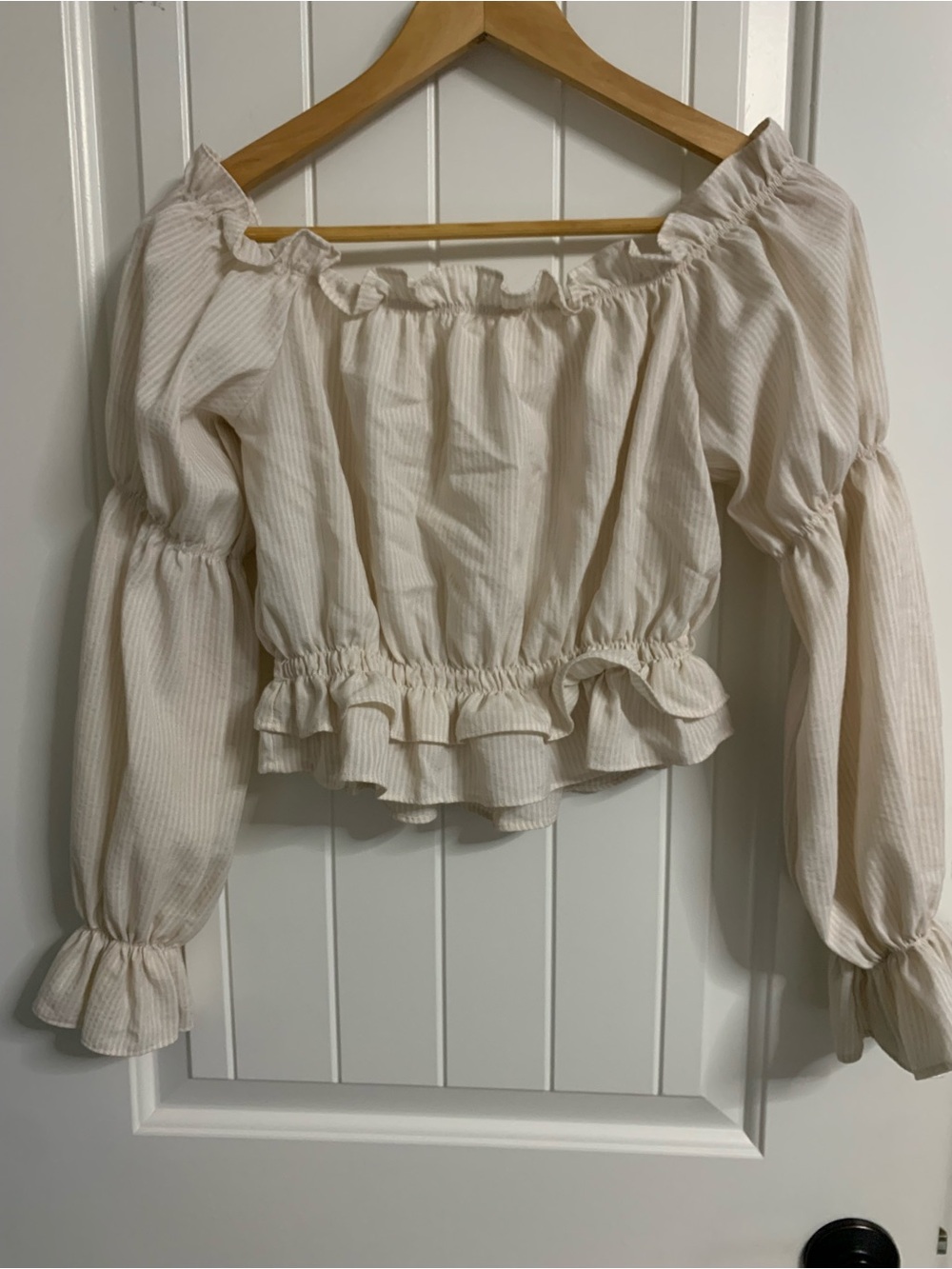 SHEIN Cream Ruffled Off-Shoulder Long Sleeve Top
